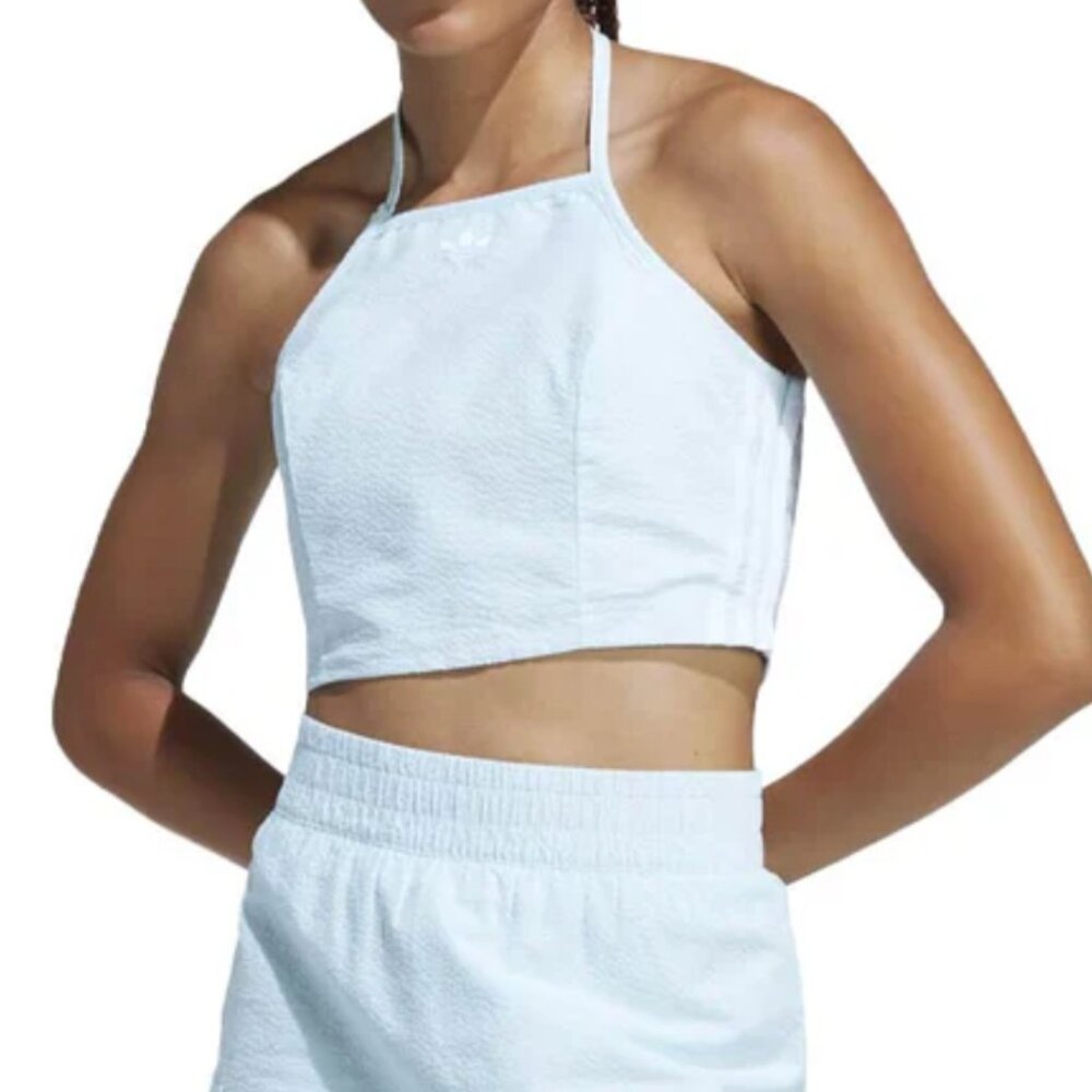 Adidas Women's Adicolor Classics Poplin Tank Top Light Blue Halter Crop Tank NWT